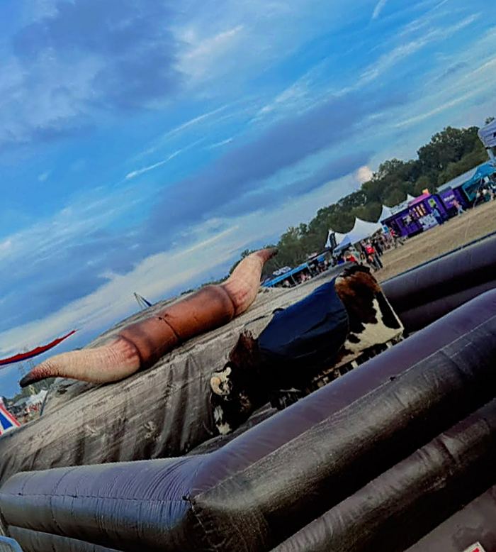 The mechanical bull and its inflatable safety surround at an outdoor daytime festival